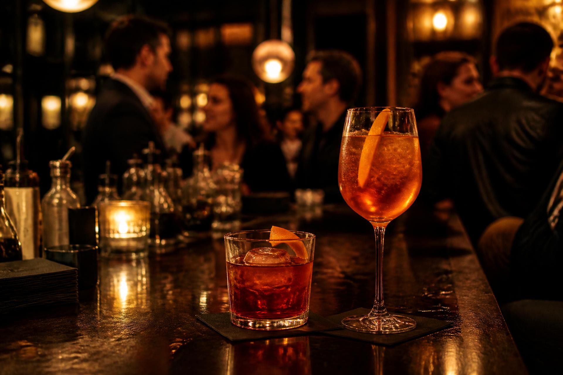 Evening bar scene with negroni and spritz glasses under warm amber light